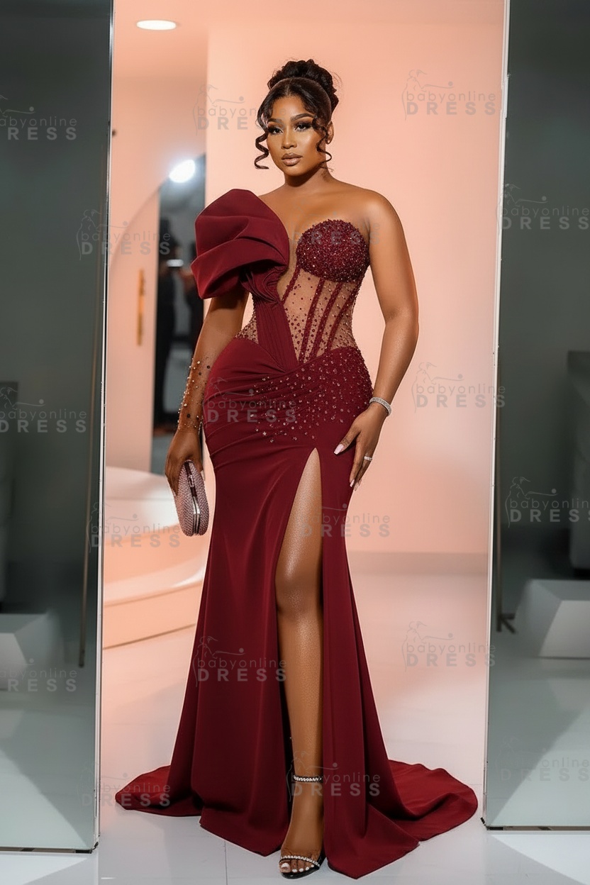 One-Shoulder Long Sleeves Corset Beadings Mermaid Prom Dress with High Split