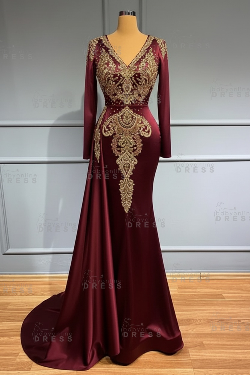 Glamorous V-Neck Long Sleeves Mermaid Prom Dress with Crystals