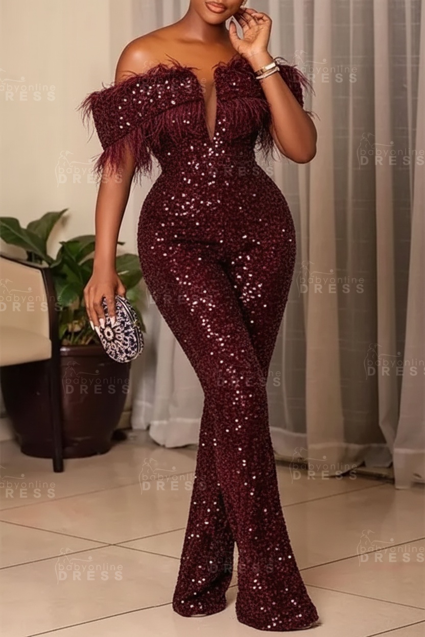 Plus Size Off Shoulder Sequin Women Jumpsuit Black Long Party Jumpsuits