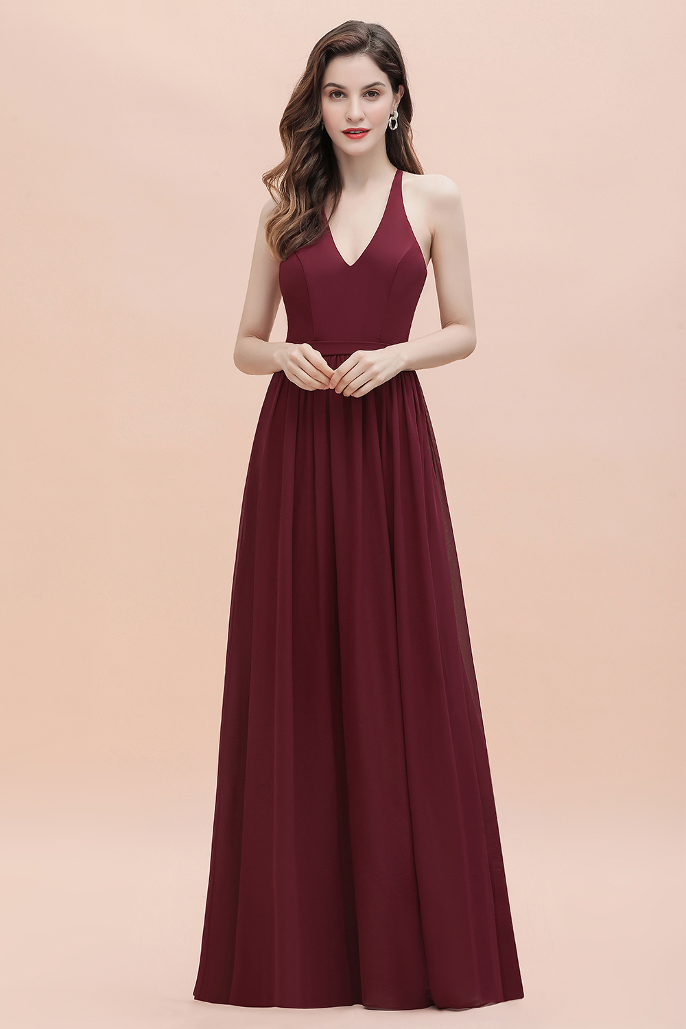 Burgundy Sleeveless V-neck Beaded Back Chiffon Bridesmaid Dress
