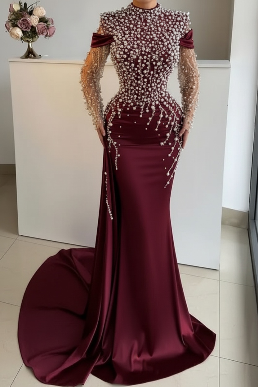 Unique High Neck Beading Long Sleeve Mermaid Prom Dresses