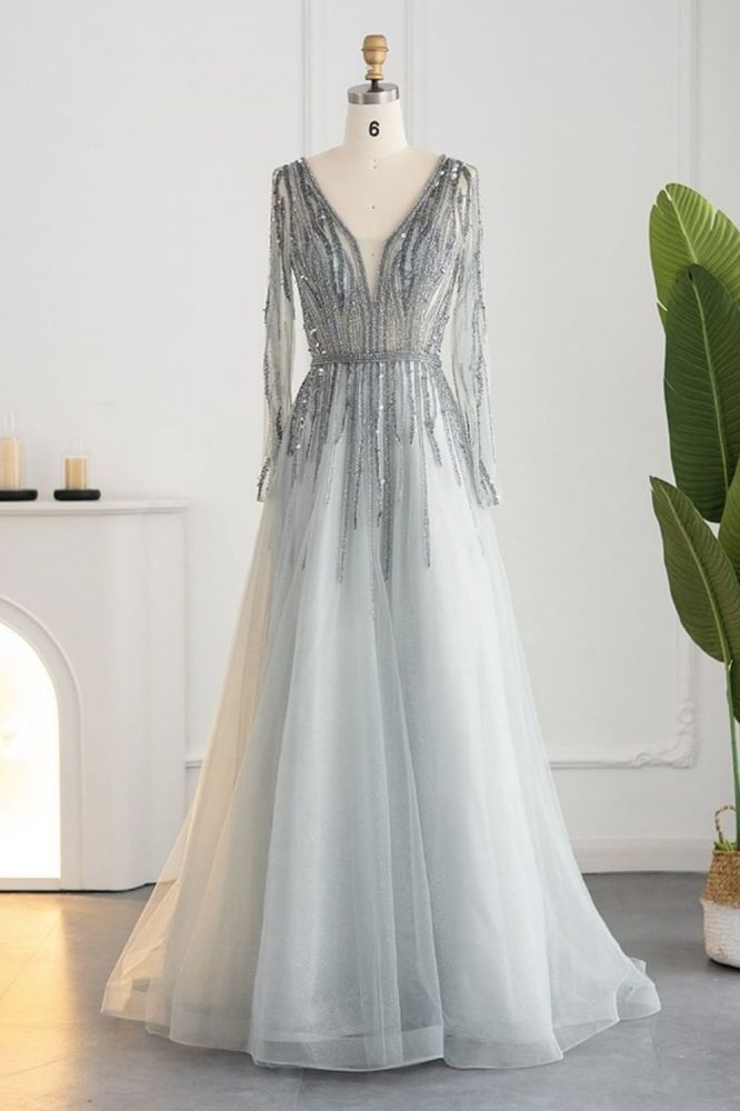 Elegant Sequins Beading A-line Eveing Party Dress V-neck Long Sleeves Tulle Party Gown