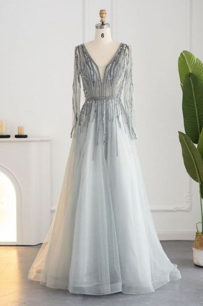 Elegant Sequins Beading A-line Eveing Party Dress V-neck Long Sleeves Tulle Party Gown