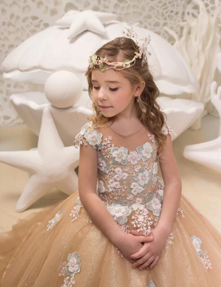 Lovely Long Champagne Cap Sleeves Flower Girl Dresses WIth Lace Up| Jewel Tulle Kids Dresses For Wedding-Babyonlinewholesale