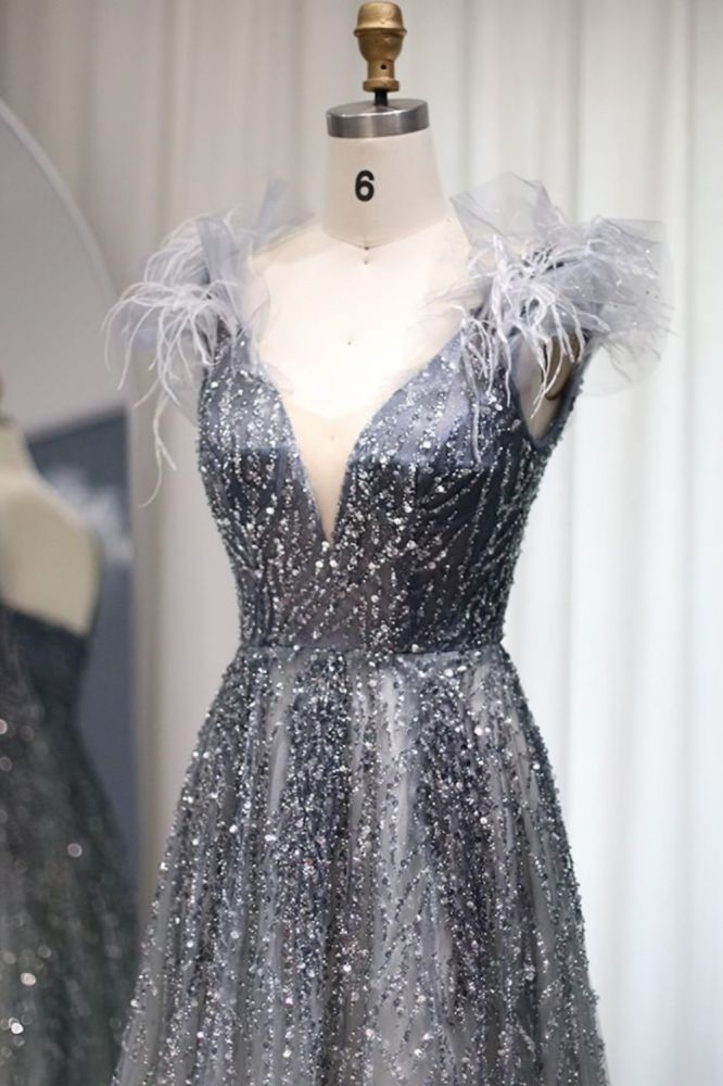 Luxury Glitter Sequins Aline Evening Party Dress V-Neck Fur Floor-Length Formal Dresses