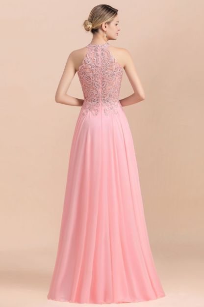 Modest Pink Peals Beaded A-line Halter Bridesmaid Dresses