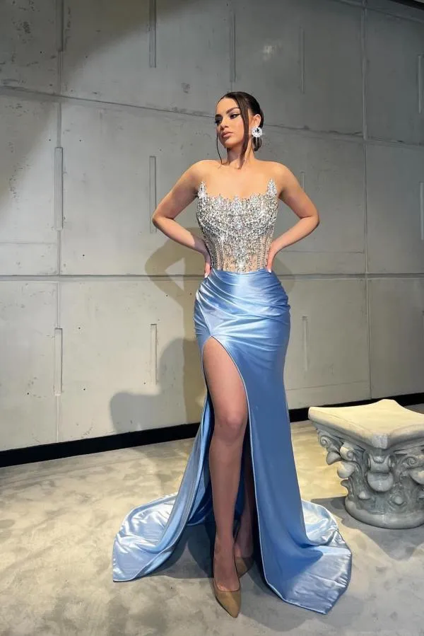 Luxurious Strapless Sleeveless Sequined Mermaid Satin Prom Dresses with Slit