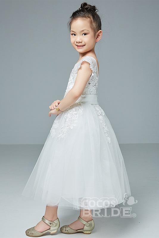 Cute White Sleeveless Tulle Flower Girl Dress Lace Appliques Little Girl Dress