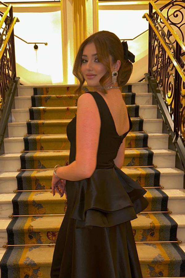 Stylish Black Scoop Neck Sleeveless Satin Formal Dress Long Evening Dress