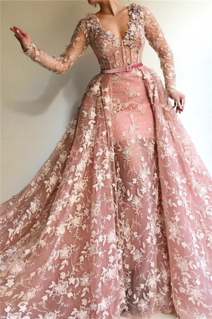 Sexy See Through Tulle Pink Long Sleeves Prom Dress | Charming Mermaid V Neck Appliques Long Prom Dress-Babyonlinewholesale