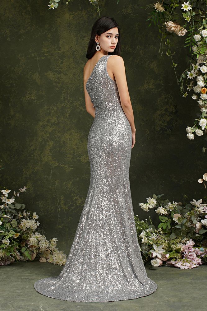 Silver One Shoulder Sleeveless Meramid Long Prom Dress