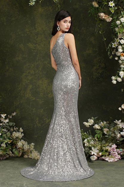 Silver One Shoulder Sleeveless Meramid Long Prom Dress