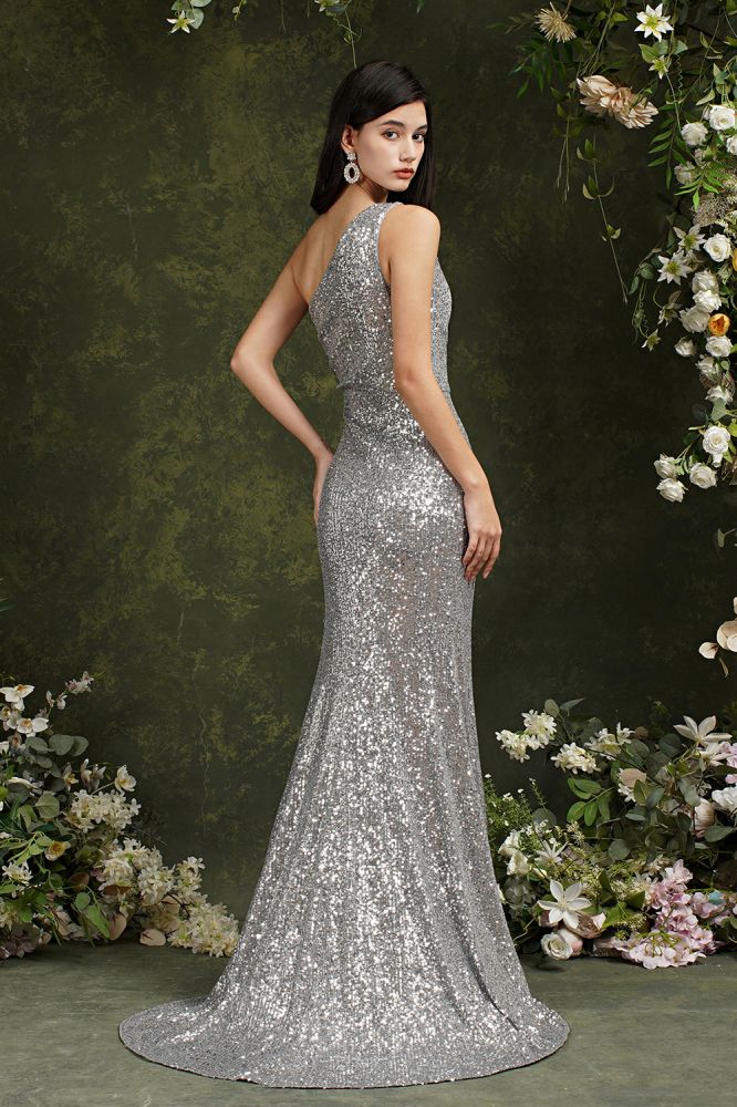 Silver One Shoulder Sleeveless Meramid Long Prom Dress