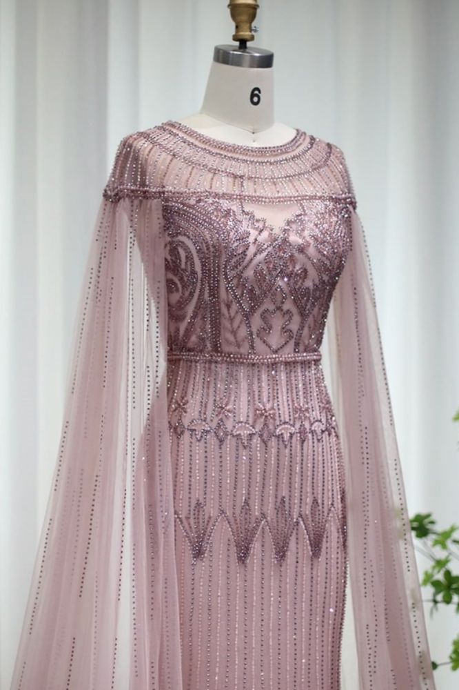 Luxury Scoop Neck Beading Mermaid Evening Dress Cape Sleeves Dubai Wedding Party Gown