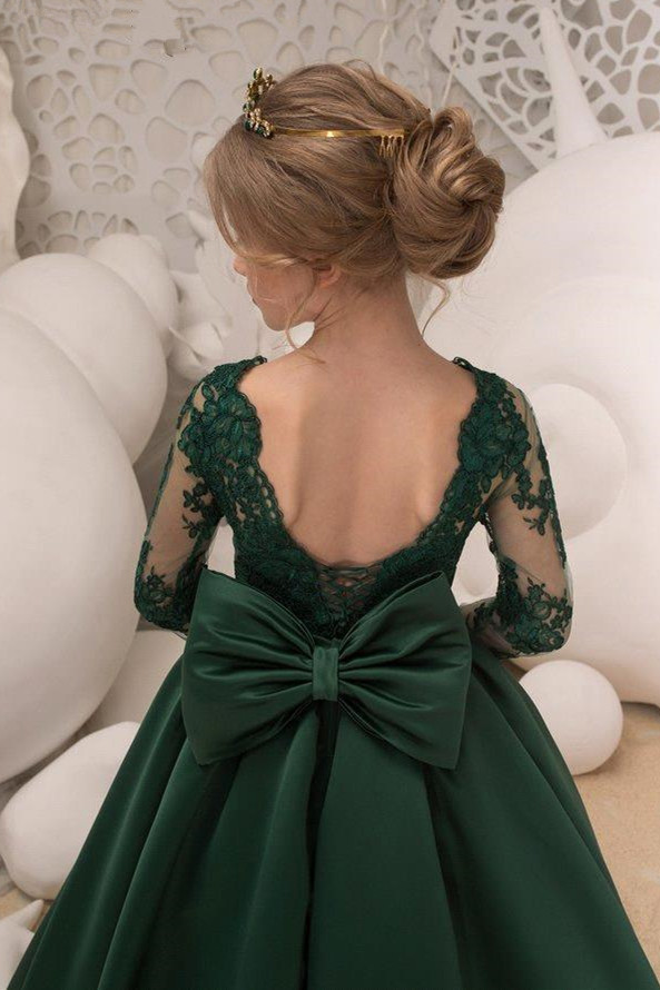 Newest Satin Dark Green Jewel Lace Backless Flower Girl Dresses With Bow| Long Sleeves Floor Length Girl Party Dresses-Babyonlinewholesale