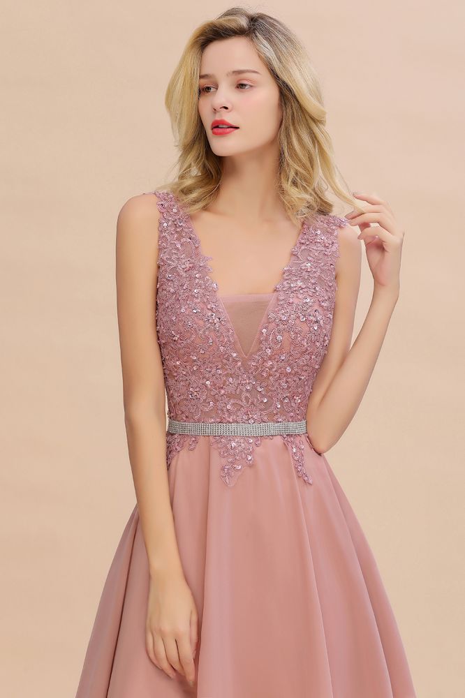Cute Deep V-neck Short Sexy Sleeveless V-back Dusty Pink Knee length Womens Dress for Cocktail Party