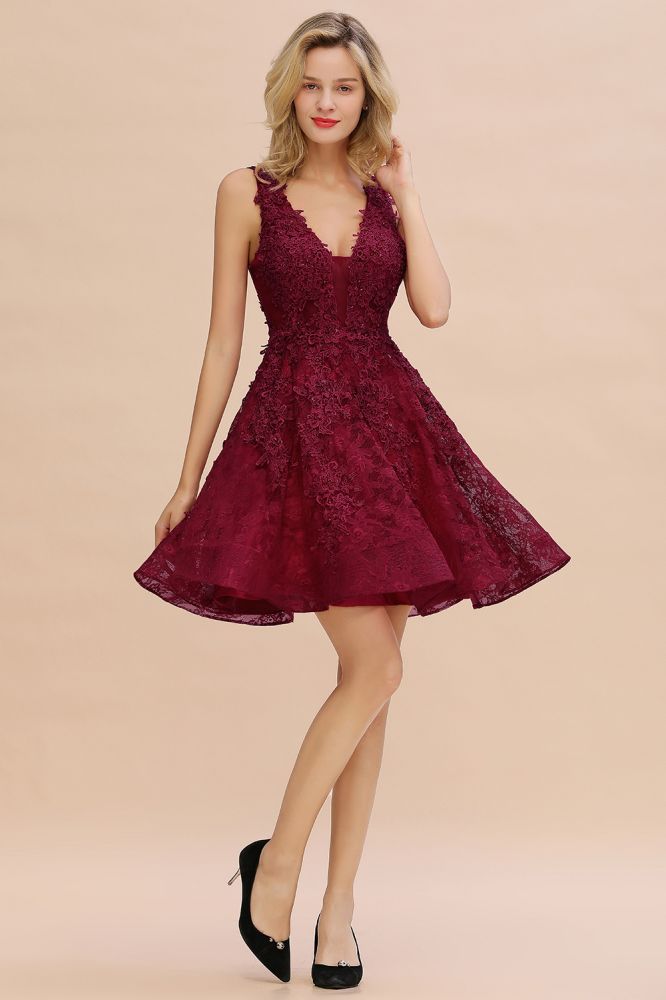 Princess V-neck Knee Length Lace Appliqued Homecoming Dresses | Burgundy Dress for Homecoming