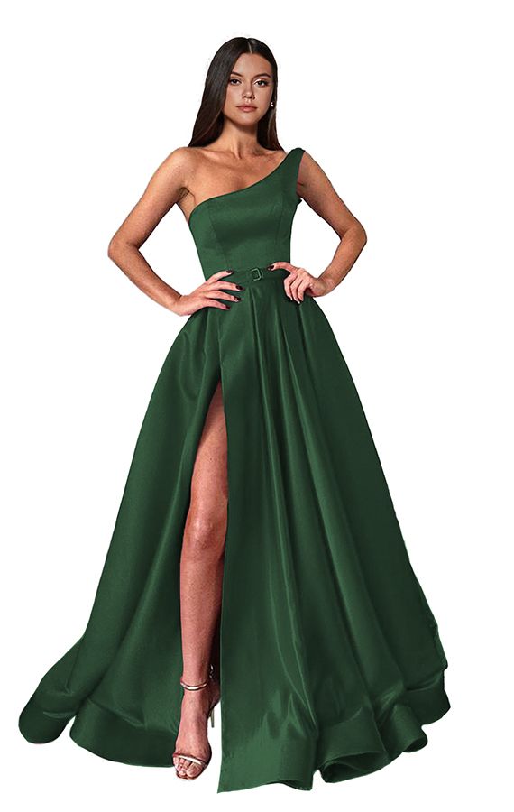 One shoulder Burgundy High Split A-line Ball Gown Prom Dresses
