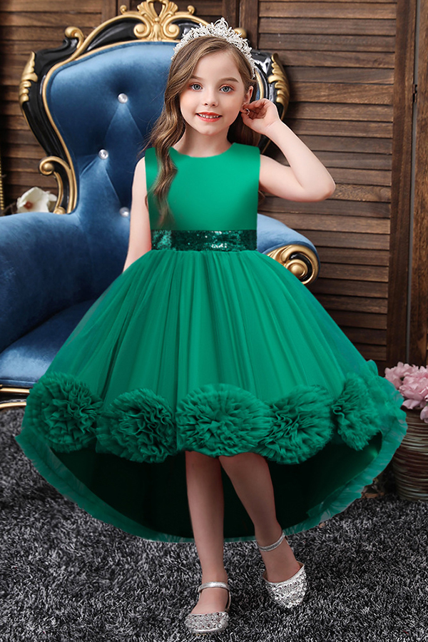 Dark green tulle sleeveless high low flower girl dress