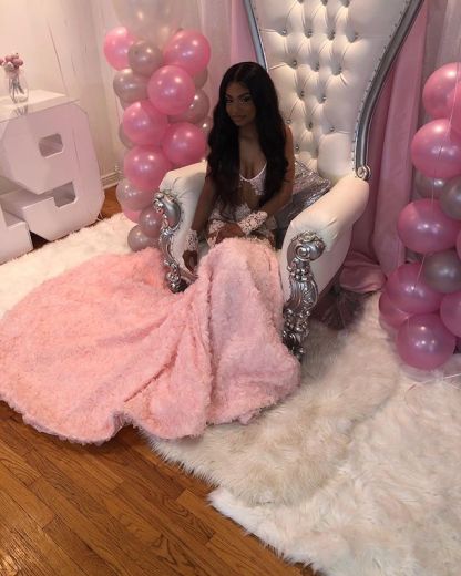 Pink Flowers Sexy V-neck Alluring Prom Dresses | Sheer Tulle Appliques Fit and Flare Evening Gowns