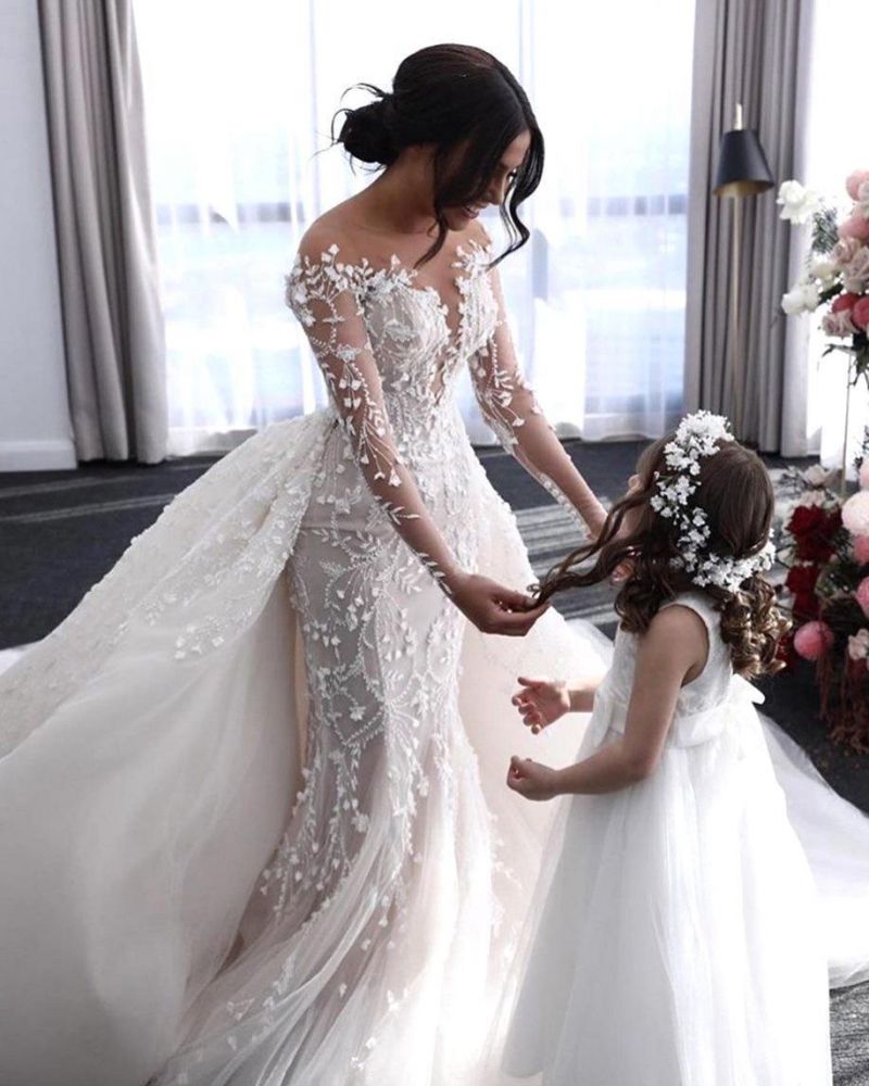 Off-the-shoulder Deep V-neck White Wedding Dress with Overskirt