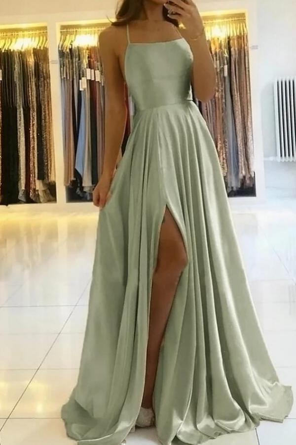 Stunning Spaghetti Straps Satin Evening Dress with Side Slit