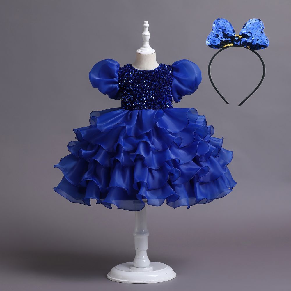Navy blue cap sleeves ruffle luxury flower gril dress