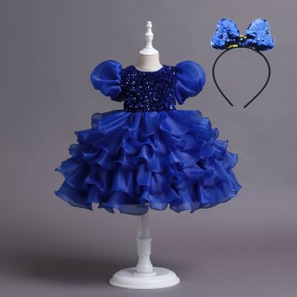 Navy blue cap sleeves ruffle luxury flower gril dress
