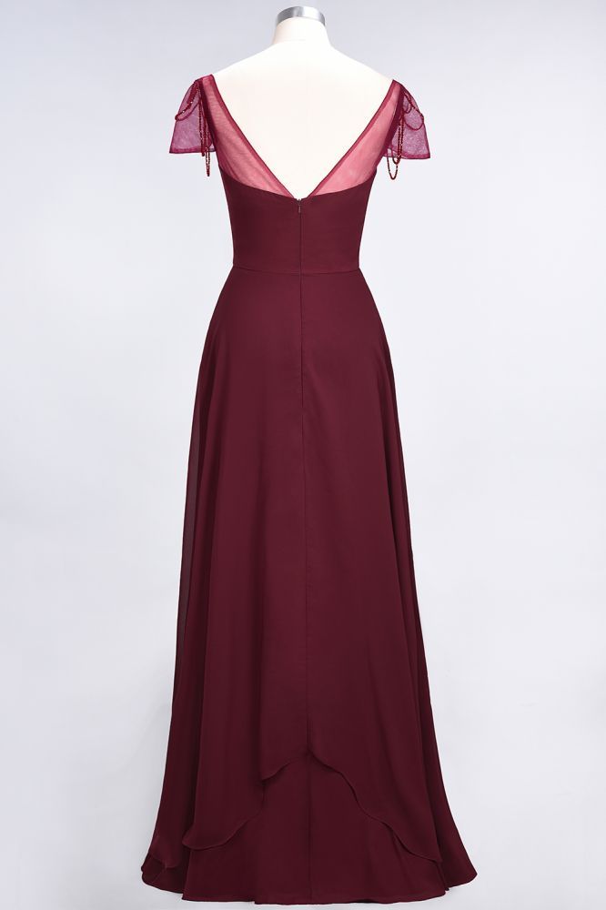 Chiffon A-Line Sweetheart Cap-Sleeves Ruffle Long Bridesmaid Dress with Beadings