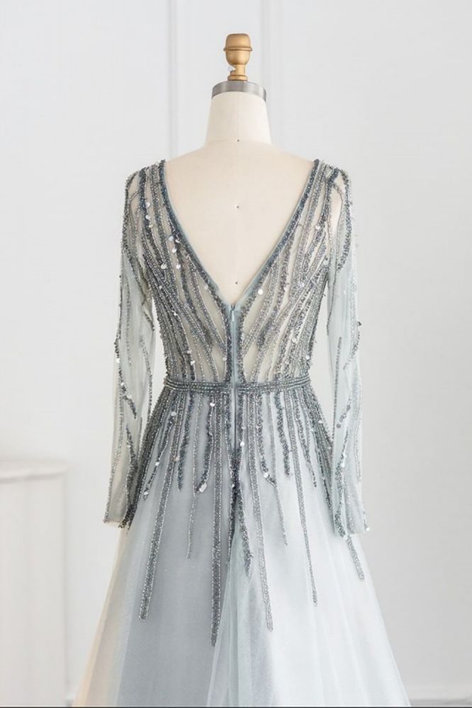 Elegant Sequins Beading A-line Eveing Party Dress V-neck Long Sleeves Tulle Party Gown