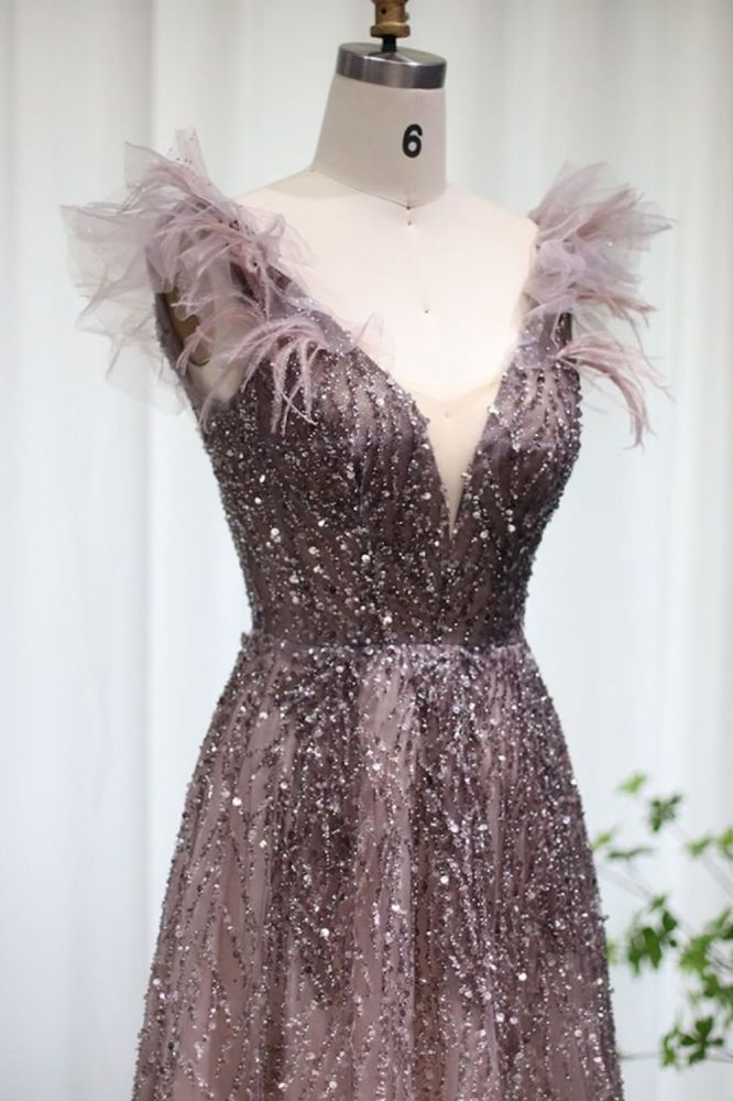 Luxury Glitter Sequins Aline Evening Party Dress V-Neck Fur Floor-Length Formal Dresses
