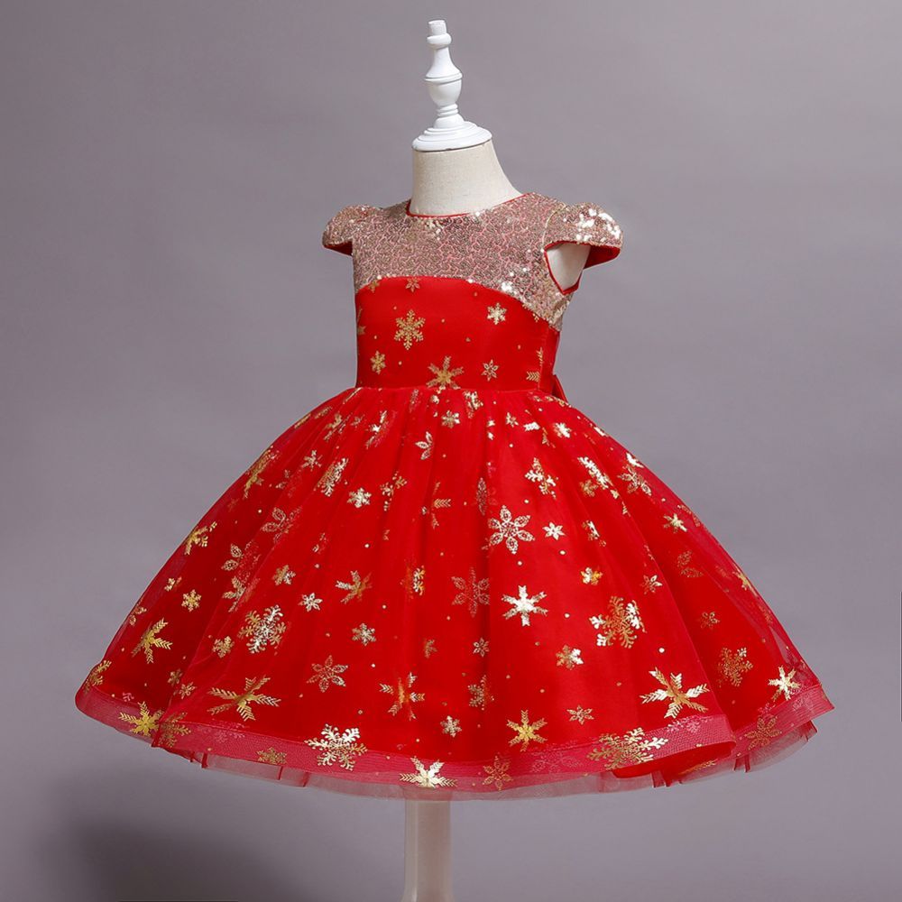 Cap sleeves v-neck sparkle stars red princess flower girl dress