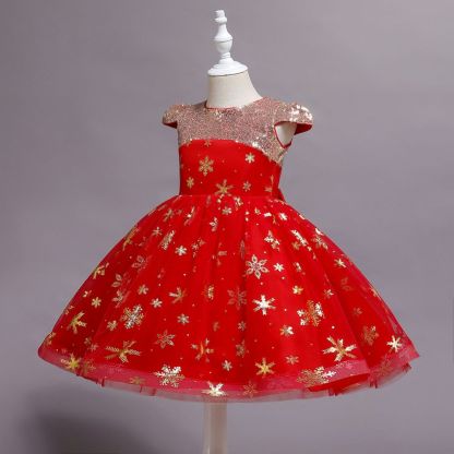Cap sleeves v-neck sparkle stars red princess flower girl dress