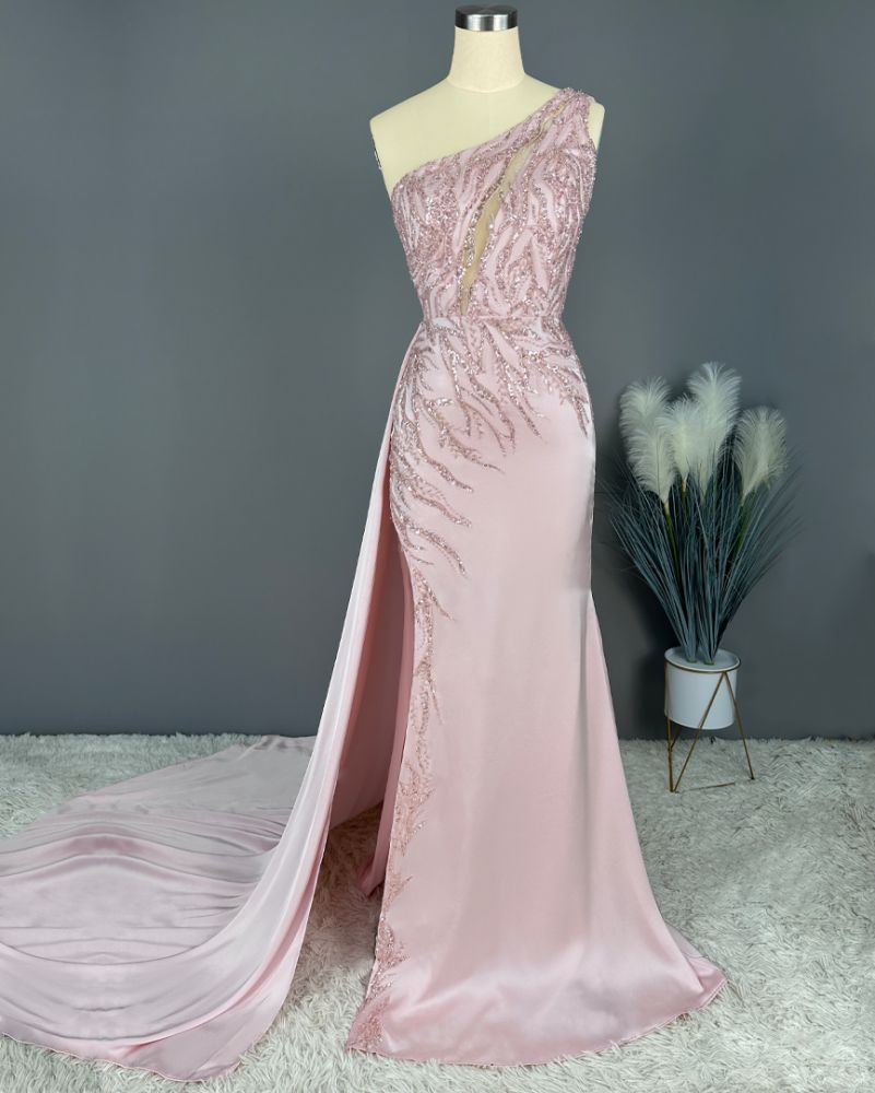 Peark pink One shoulder Sparkle beaded Prom Dresses