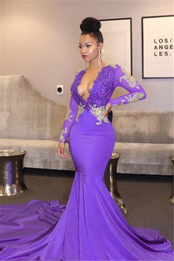 Unique Lace Appliques Deep Sexy V-neck Prom Dresses | Long Sleeve Fit and Flare Evening Gowns