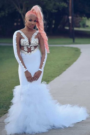 Sexy Illusion Long Sleeves Sequins Tulle Train Mermaid White Prom Dresses
