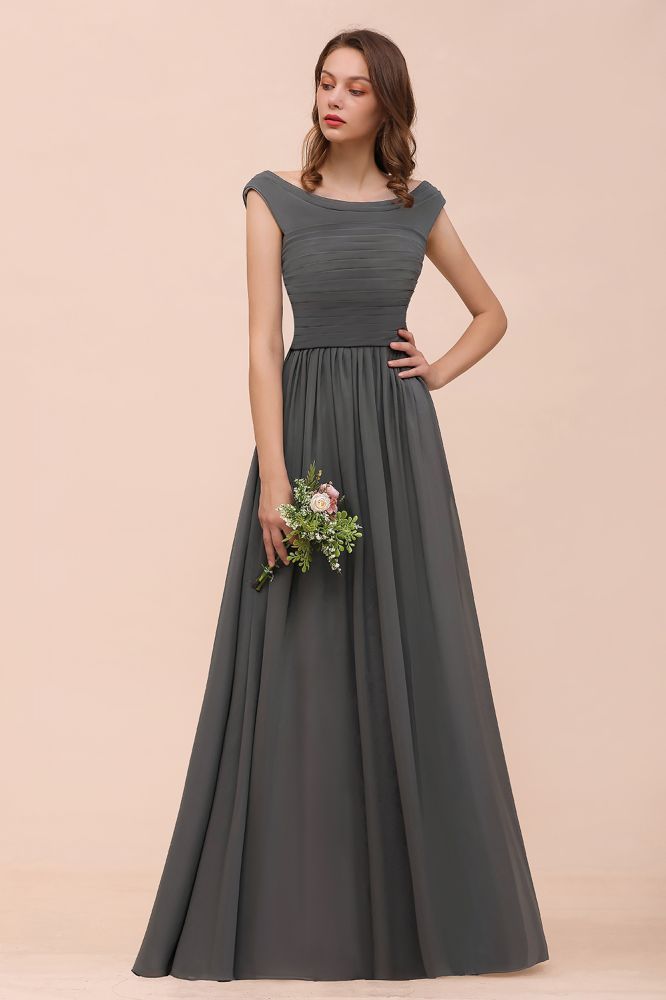 Grey Cap Sleeves 100D Chiffon Long Evening Dress with Side Slit
