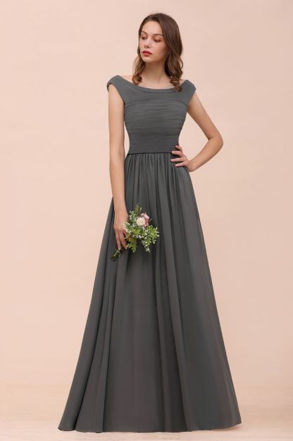 Grey Cap Sleeves 100D Chiffon Long Evening Dress with Side Slit