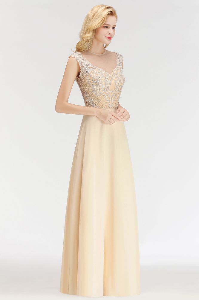 Elegant Champagne Sleeveless A-Line Crystal Jewel Bridesmaid Dresses