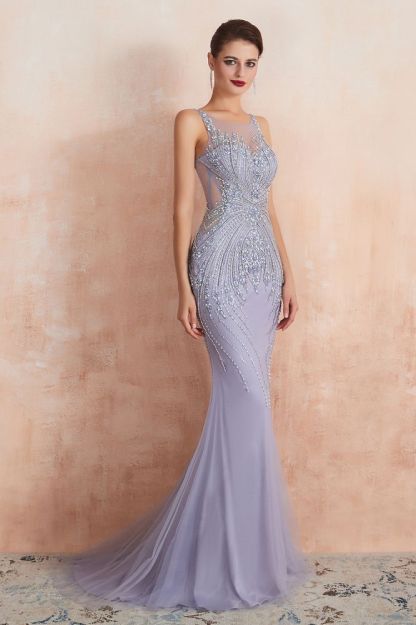 Chipo | Luxury Illusion neck Lavender White Beads Prom Dress Online, Expensive Low back Column Evening Gowns-Babyonlinewholesale