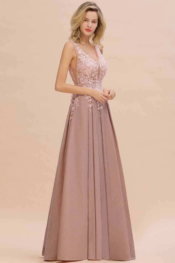 Rebacca | A-Line V-neck Floor-Length Tulle Sequined Prom Dresses