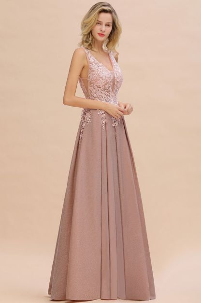 Rebacca | A-Line V-neck Floor-Length Tulle Sequined Prom Dresses