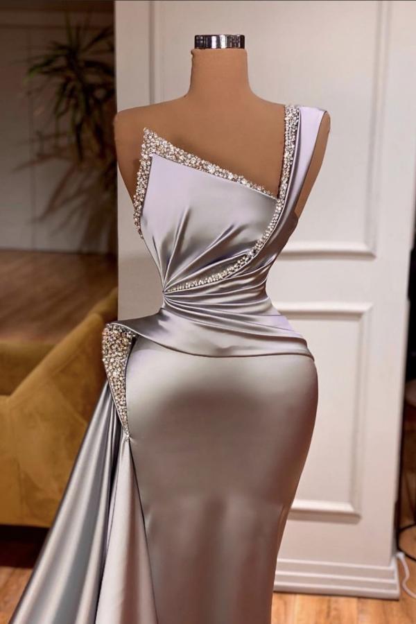 Unique neckline silver silk like satin prom dress with half train