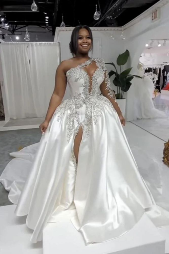 Gorgeous One Shoulder Satin Aline Wedding Dresses Beadings Front Split Bridal Gown