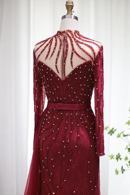 Burgundy Long Sleeves Beads Pearls Mermaid Evening Prom Dress