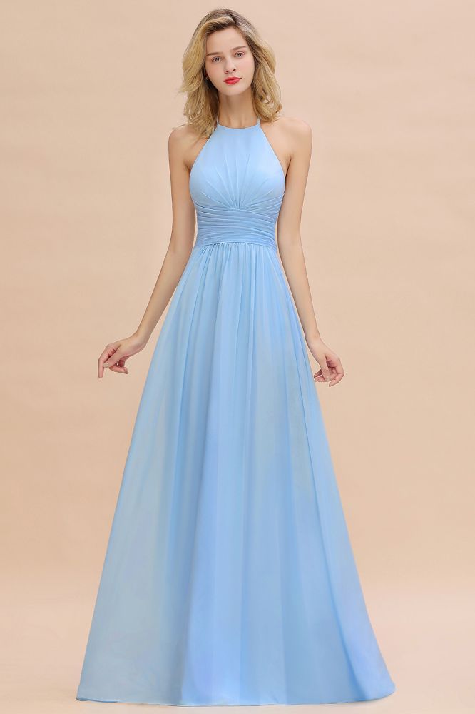 Stylish Sky Blue Halter Soft Chiffon Bridesmaid Dress Aline Evening Swing Dress