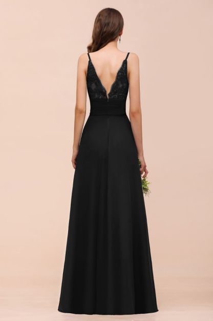 Charming Deep V-Neck Black Bridesmaid Dress with Side Slit with Spaghetti Straps