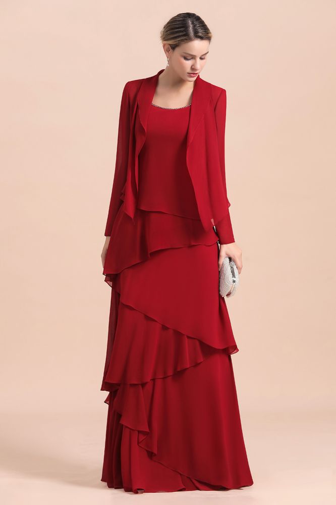 Ruby Chiffon Two-pieces Ruffles Long sleeves Mother of the Bride Dress