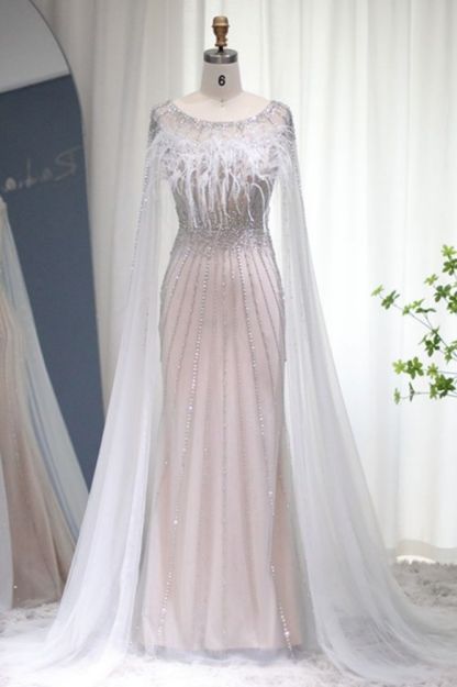 Gorgeous Scoop Neck Sequins Mermaid Evening Dress Dubai Cape Sleeves Fur Long Formal Dress