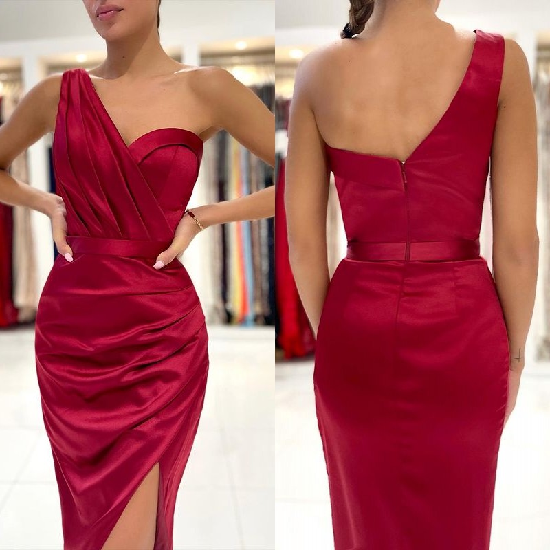One shoulder Knee length Burgundy Mermaid Prom Dresses